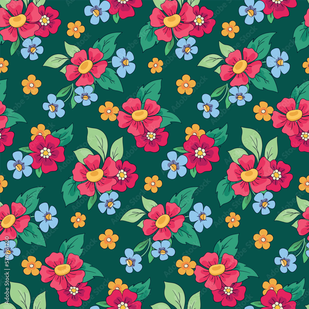 Seamless floral pattern, cute ditsy print with small bouquets of daisies on a green field. Pretty botanical design with hand drawn small flowers, leaves. Summer flower background. Vector illustration. Seamless floral pattern, cute ditsy print with small bouquets of daisies on a green field. Pretty botanical design with hand drawn small flowers, leaves. Summer flower background. Vector illustration.