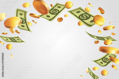 Banner with money - bank notes and gold coins isolated on light background. Illustration with place for text. Frame - swirl of bills.
