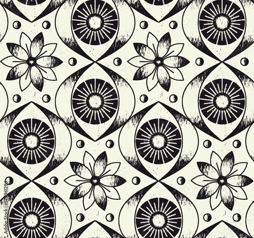 Seamless floral pattern with sketchy eyes in vintage style. Trendy black and white texture with new age motif. Mystical drawing print on a white background. Vector illustration.