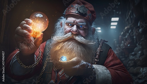 Fictional Ancient Miner with Big Beard Intrigued by his New Discovery of Radiant And Quite Valuable Gemstone Generated by AI
