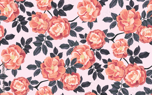 Seamless floral pattern, beautiful flower print with delicate watercolor plants. Elegant botanical design with large rose buds: hand drawn pink flowers, leaves, branches on a white background. Vector.