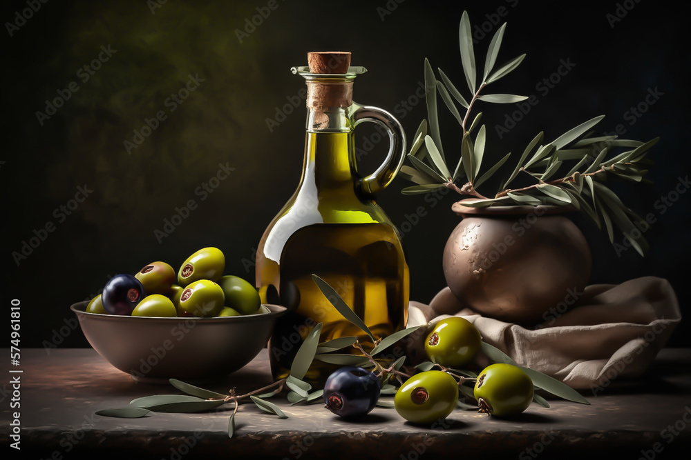 Fresh olives and extra virgin olive oil bakcground, generative ai Fresh olives and extra virgin olive oil bakcground, generative ai