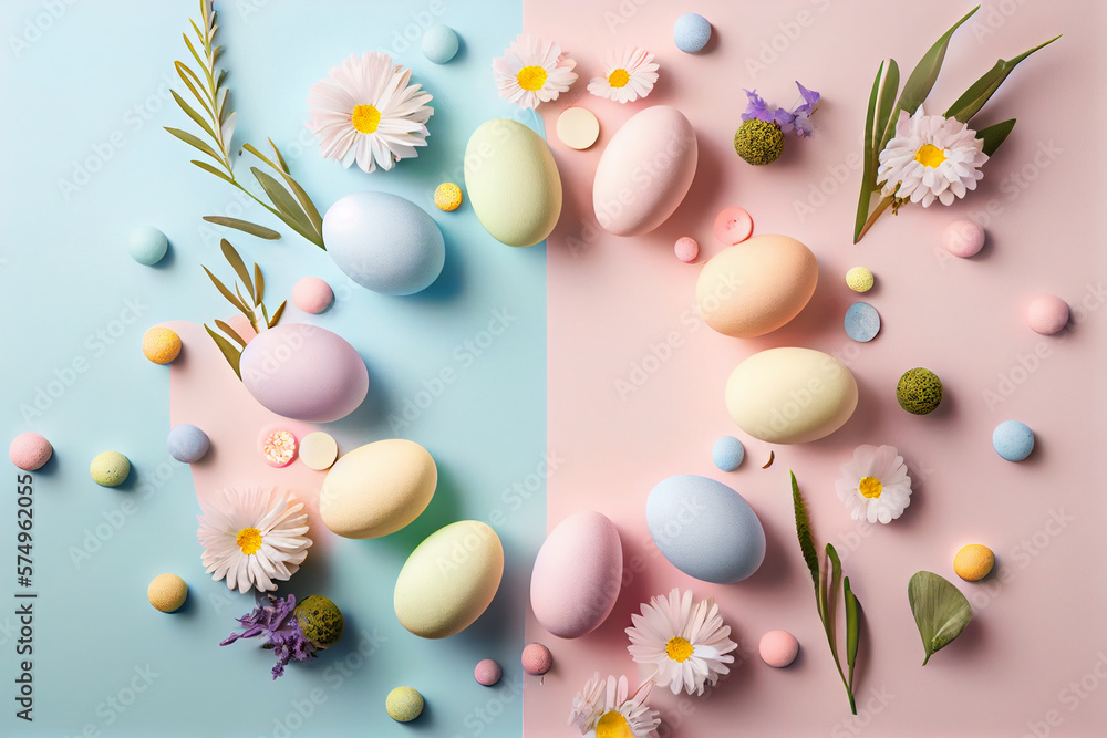Pastel Easter Eggs on a pastel background, top view with copy space, Minimalist Easter backgroundGenerative AI Pastel Easter Eggs on a pastel background, top view with copy space, Minimalist Easter backgroundGenerative AI