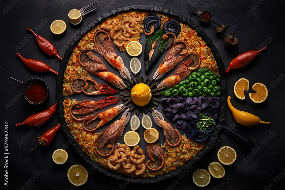 Knolling Spanish seafood paella ingredients, rice,prawns, mussels, peas on black wooden background