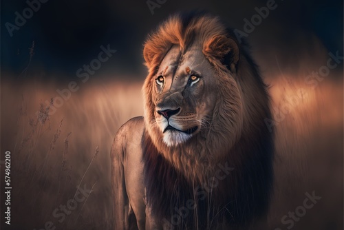 Majestic jungle king lion walking in the open field