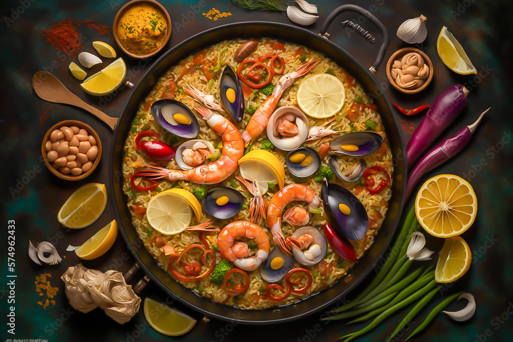 a Spanish paella background with seafood. Fresh Shrimp, Scampi, mussels, squid, octopus and scallops