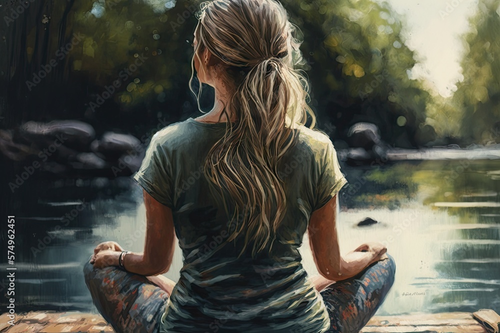 girl sitting meditating, doing yoga on the background of nature, Ai generative 