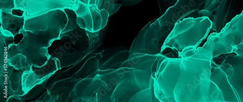 Blue green smoke vector background for cover design, poster, cover, banner, flyer, cards and design interior. Neon color ink texture illustration. Splashes. Fluid art. Electric colors grunge backdrop.