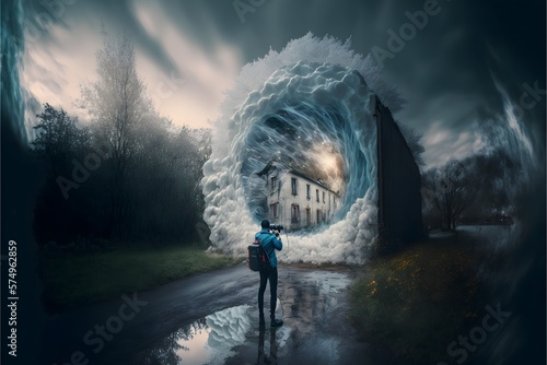 A person standing in front of a water storm portal for time travel or teleportation photo