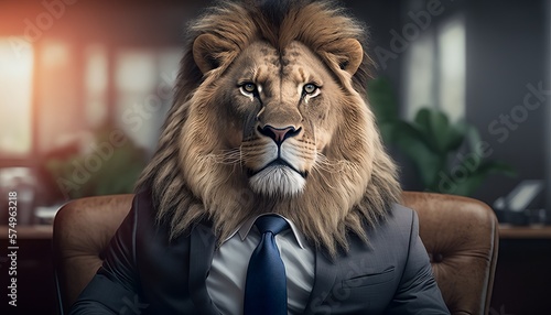 Portrait of a lion in a suit and tie in a modern office. Generative AI