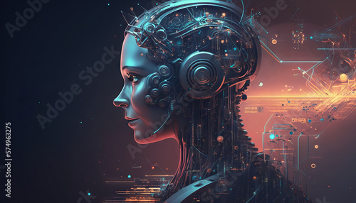 Generative AI artificial intelligence cyborg woman with circuit board on black background
