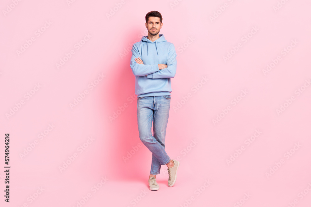 Full length photo of serious person guy crossed hands pose demonstration new stylish outfit for office manager job isolated on pink color background Full length photo of serious person guy crossed hands pose demonstration new stylish outfit for office manager job isolated on pink color background