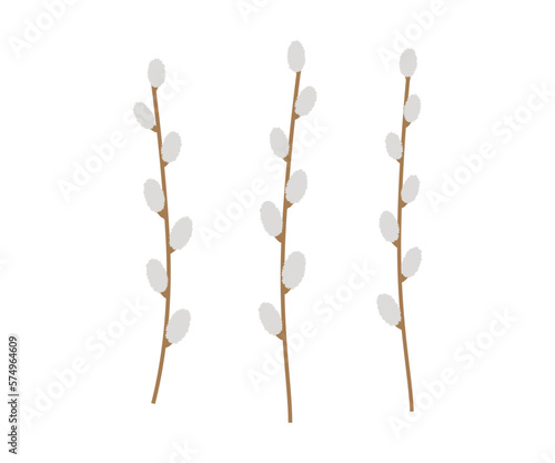 Hand drawn cute cartoon illustration of three willow branches. Flat vector Easter plant set sticker in colored doodle style. Spring botany twig icon or print. Isolated on background.