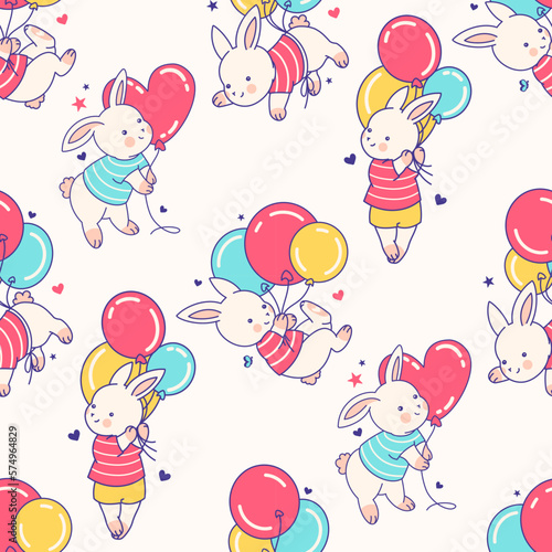 Seamless pattern. Birthday party with funny bunnies with balloons. Cute. Doodle animal characters, fun cartoon style. Wallpaper, tile design, gift wrapping paper, fabric.