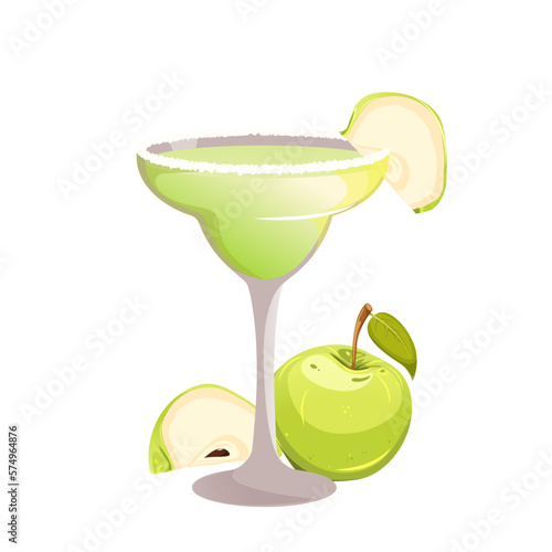 Apple margarita.Refreshing cocktail with a slice of apple.Vector illustration.