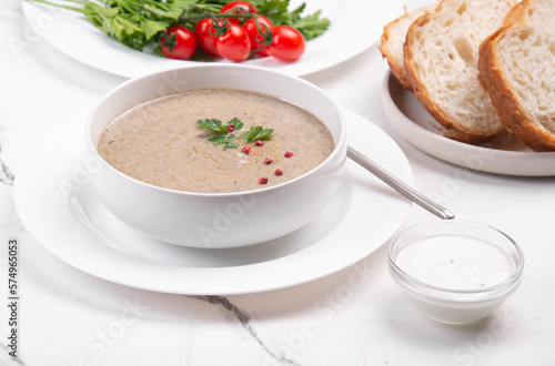 Mushroom soup puree in a white bowl