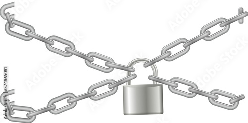 Padlock and chain. Gray metal chain and padlock, handcuffed card, vector