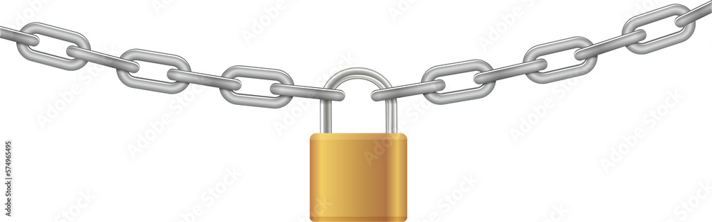 Padlock and chain. Gray metal chain and padlock, handcuffed card, vector Padlock and chain. Gray metal chain and padlock, handcuffed card, vector
