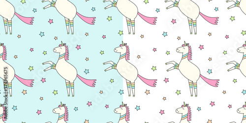 Two vector seamless patterns with jumping unicorns. Hand drawn color doodle illustration. Great for wrapping paper.