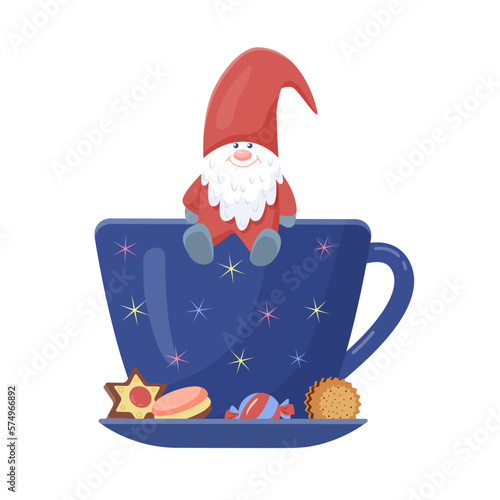 A funny gnome sits on a cup with cookies. Vector isolated color illustration for winter holidays greetings.
