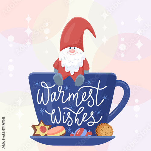 A greeting card with funny gnome sitting on a cup with cookies and lettering. Vector  color illustration.
