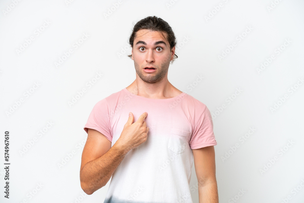 Caucasian handsome man isolated on white background pointing to oneself Caucasian handsome man isolated on white background pointing to oneself