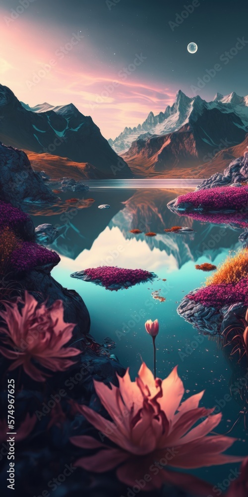 Obraz premium Abstract pastel vivid colors landscape of pink mountains and tree forest. A beautiful, romantic place in nature. Colorful bright colors. Generative AI.