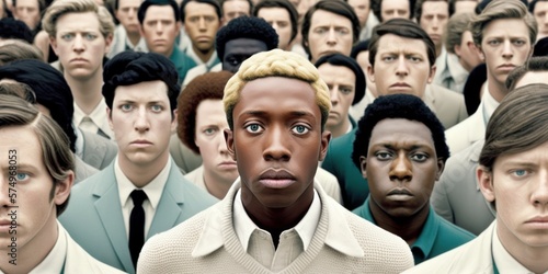 A mass of people, a huge crowd and a close up view of a young handsome man who stands out, stand out from the crowd, be different and respect differences. Generative AI.