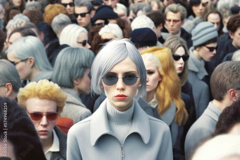 Obraz premium A mass of people, a huge crowd and a close up view of a young a young beautiful girl who stands out, stand out from the crowd, be different and respect differences. Generative AI.