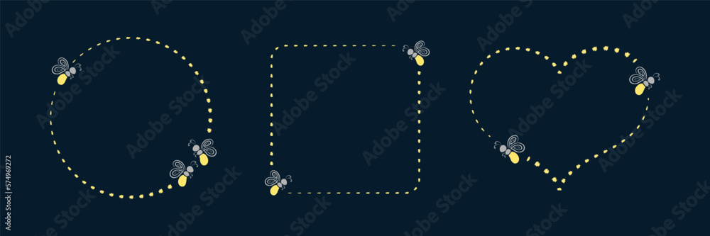 Fototapeta premium Glowing firefly frame clipart collection. Fireflies flying trail border template with copy space.