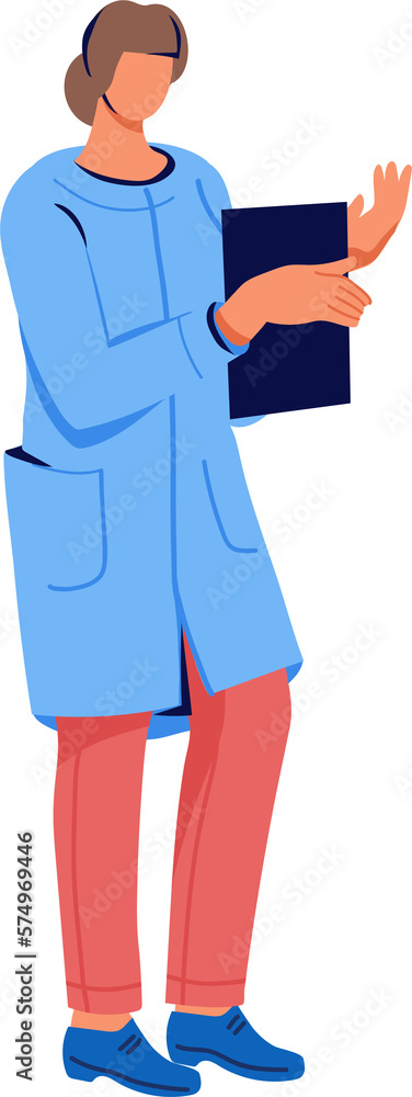 Doctor female character standing with file folder.