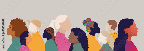 group of multicultural and multiethnic woman face silhouette in profile. Concept of racial equality, friendship and woman community