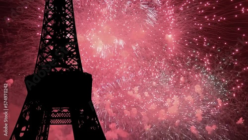  Celebratory colorful fireworks over the Eiffel Tower in Paris, France (time lapse)    photo