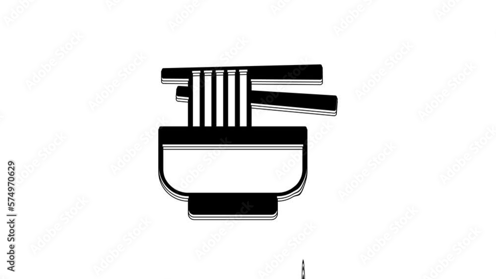 Black Ramen soup bowl with noodles icon isolated on white background. Bowl of traditional asian noodle soup. 4K Video motion graphic animation Black Ramen soup bowl with noodles icon isolated on white background. Bowl of traditional asian noodle soup. 4K Video motion graphic animation