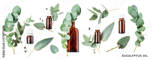Eucalyptus oil. Eucalyptus aromatherapy essential oil in bottle and leaves set. PNG isolated with transparent background. Flat lay, top view. Without shadow.