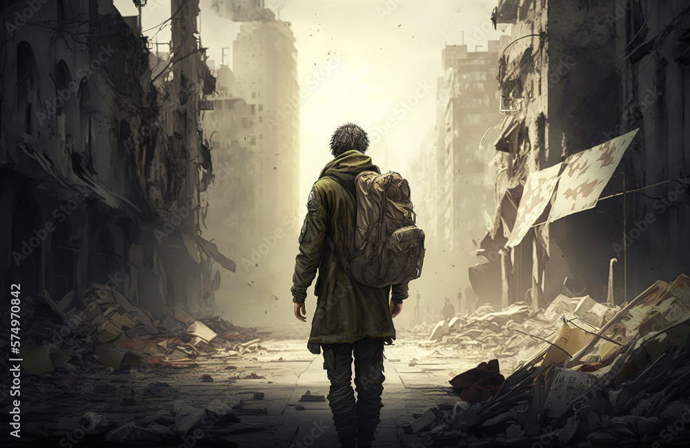 Lone soldier walking in destroyed city, art illustration 