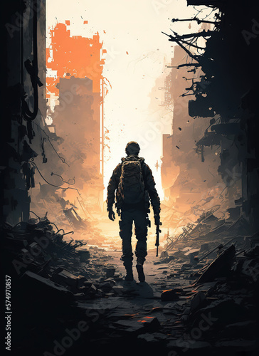 Lone soldier walking in destroyed city, art illustration 