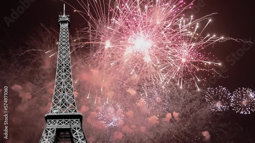  Celebratory colorful fireworks over the Eiffel Tower in Paris, France (time lapse)    photo