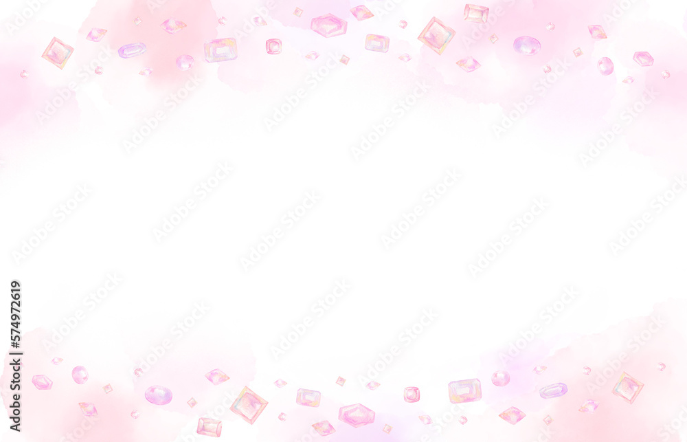 桜色の宝石が散りばめられた可愛いフレーム。水彩絵の具で描いたイラスト。