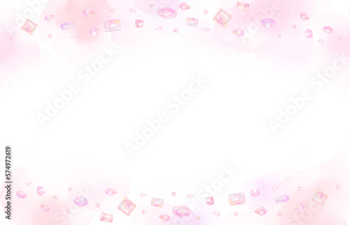 桜色の宝石が散りばめられた可愛いフレーム。水彩絵の具で描いたイラスト。 © Aomi.art