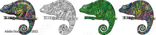 A set of bright beautiful chameleons. Vector file for designs.