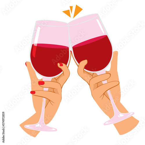Vector illustration of two hands toasting with red wine. Love celebration concept. Cheers with crystal glasses