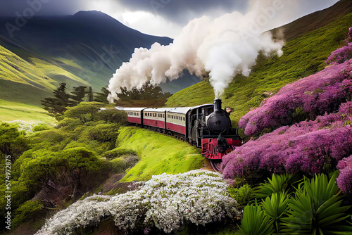 When the steam train passes through the hills and the hillside of flowers, the traces of white smoke are left behind it Fototapet