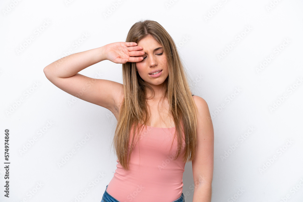 Young caucasian woman isolated on white bakcground with tired and sick expression Young caucasian woman isolated on white bakcground with tired and sick expression
