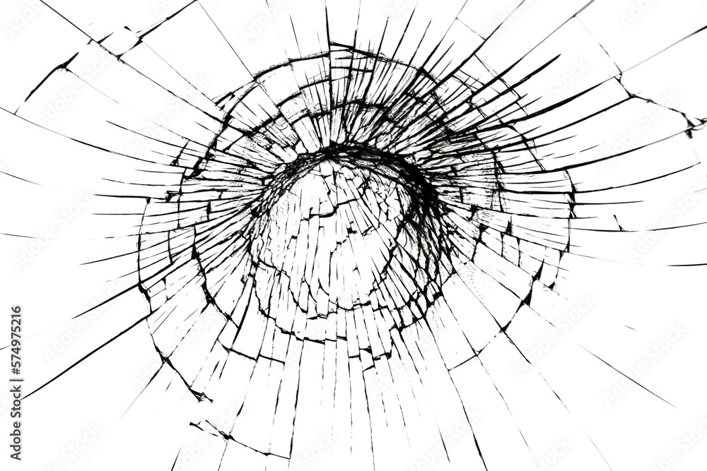 Obraz premium a crack on a broken glass mirror on a black background lines fragments bullet hole