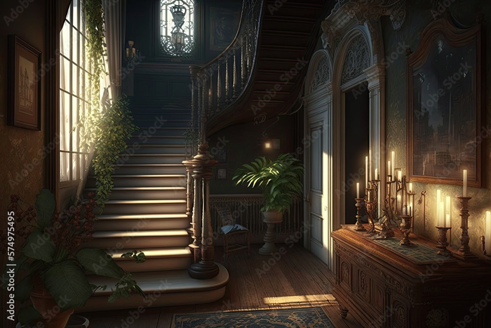 Old Victorian mansion grand entrance hall, interior mockup with retro ...