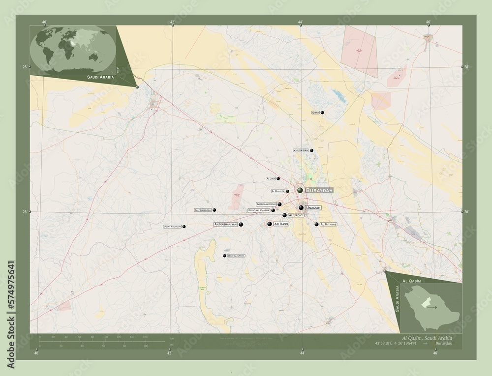 Fototapeta premium Al Qasim, Saudi Arabia. OSM. Labelled points of cities