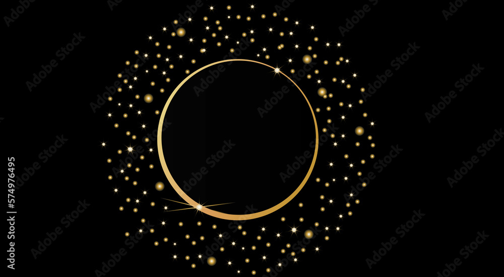Golden frame on a black background with a reflection of light and twinkling stars. Premium background Golden frame on a black background with a reflection of light and twinkling stars. Premium background