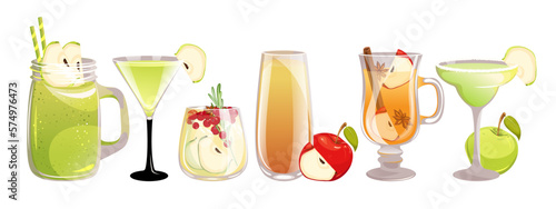 A set of apple cocktails.Apple smoothie, martini, margarita, apple juice, punch, sangria.Vector illustration.