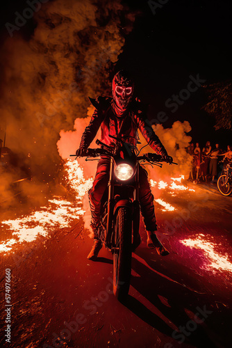 Zombie riding a motorcycle in a dark road on flames at night, undead horror concept. Generative AI   © Michael
